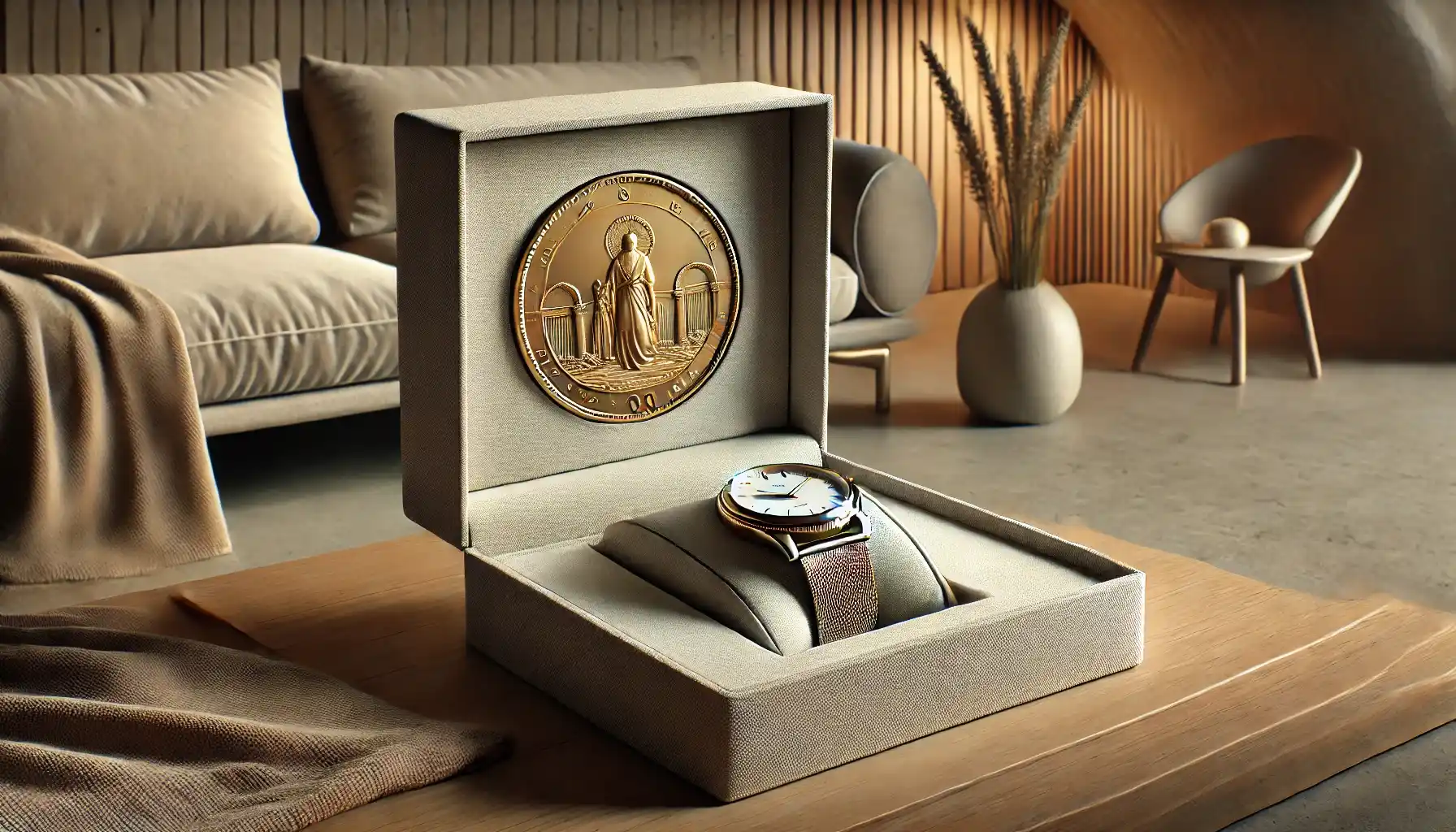 A beautifully presented collectible watch (replica of a classic design) and coin (with intricate historical details) in a modern, minimalist gift box.