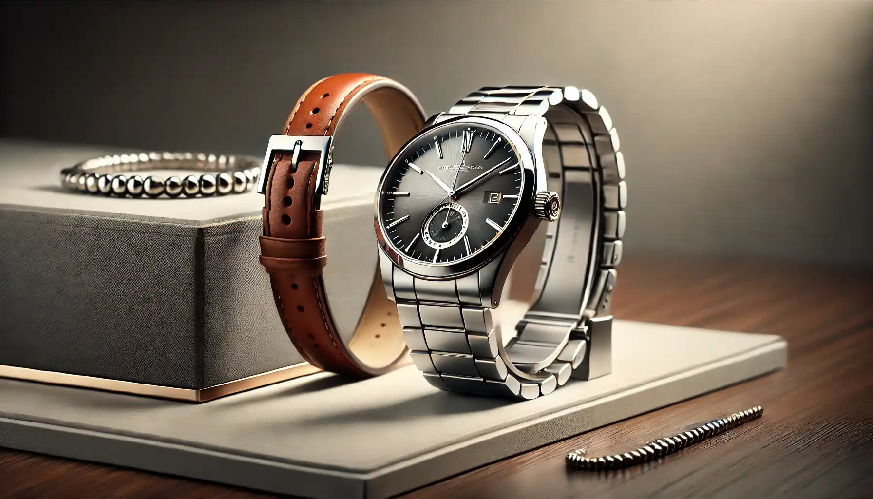 a stylish modern jewelry display showcasing two high-quality replica luxury watches with intricate details, including one with a stainless steel band and another with a leather strap.