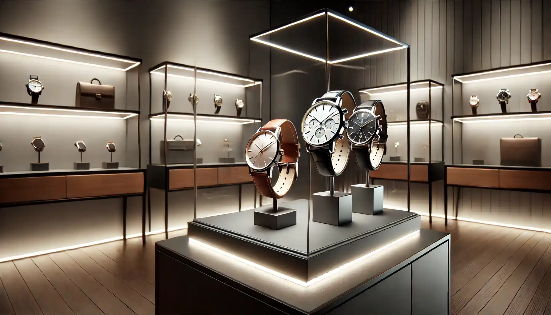 a modern watch boutique setup with high-quality replica luxury watches on display, highlighting their detailed craftsmanship.