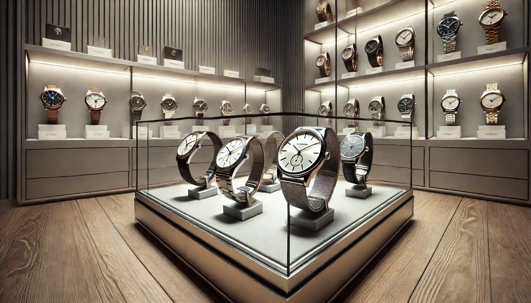 a high-end watch boutique displaying authentic luxury watches alongside high-quality replicas.