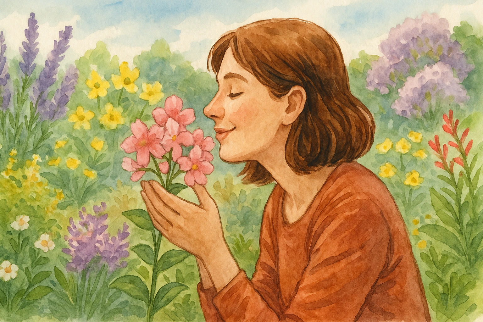 A woman cheerfully smells a fragrant flower.