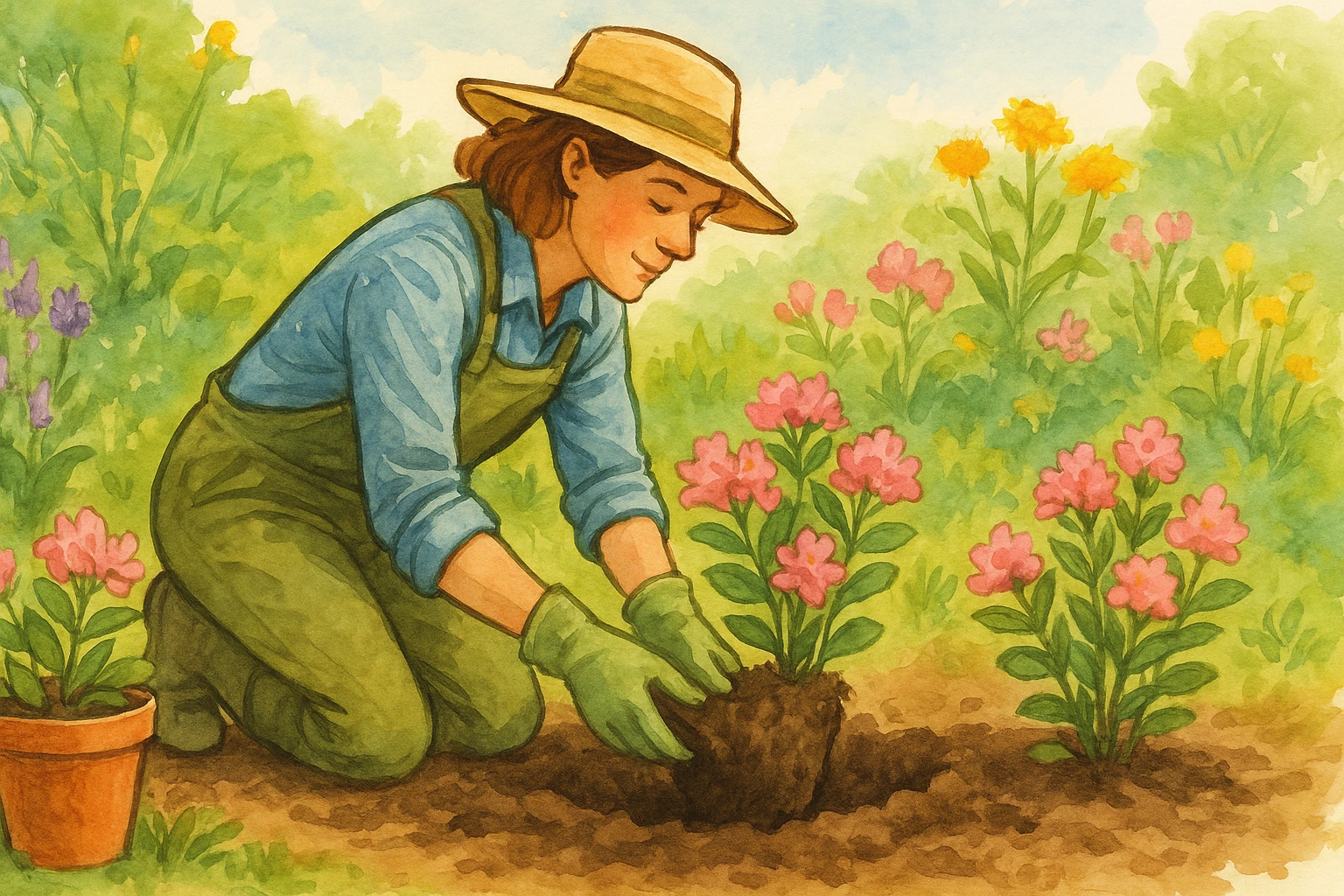 A woman plants a fragrant flower in her garden.