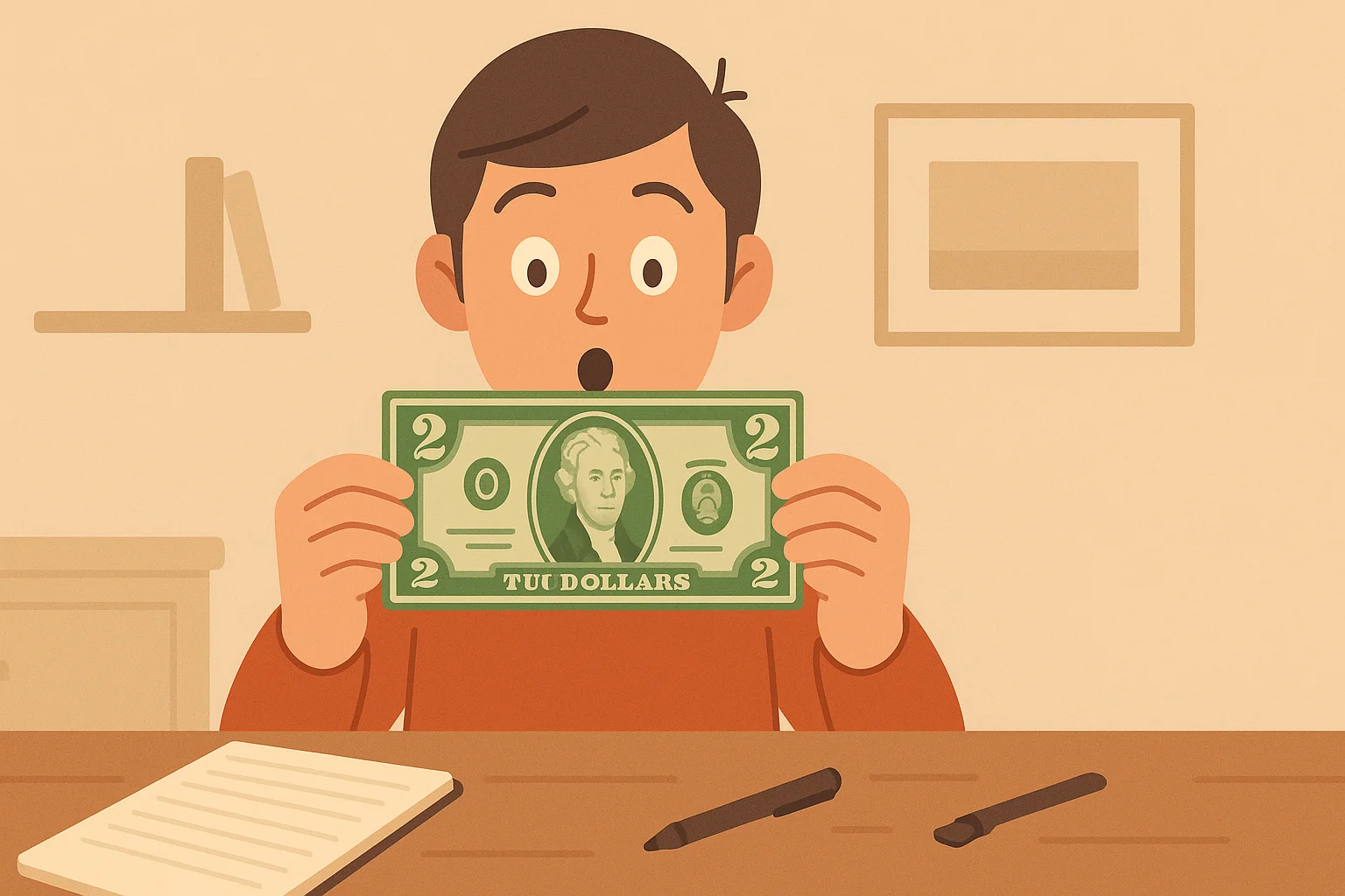 A student looks surprised while seeing a $2 bill.