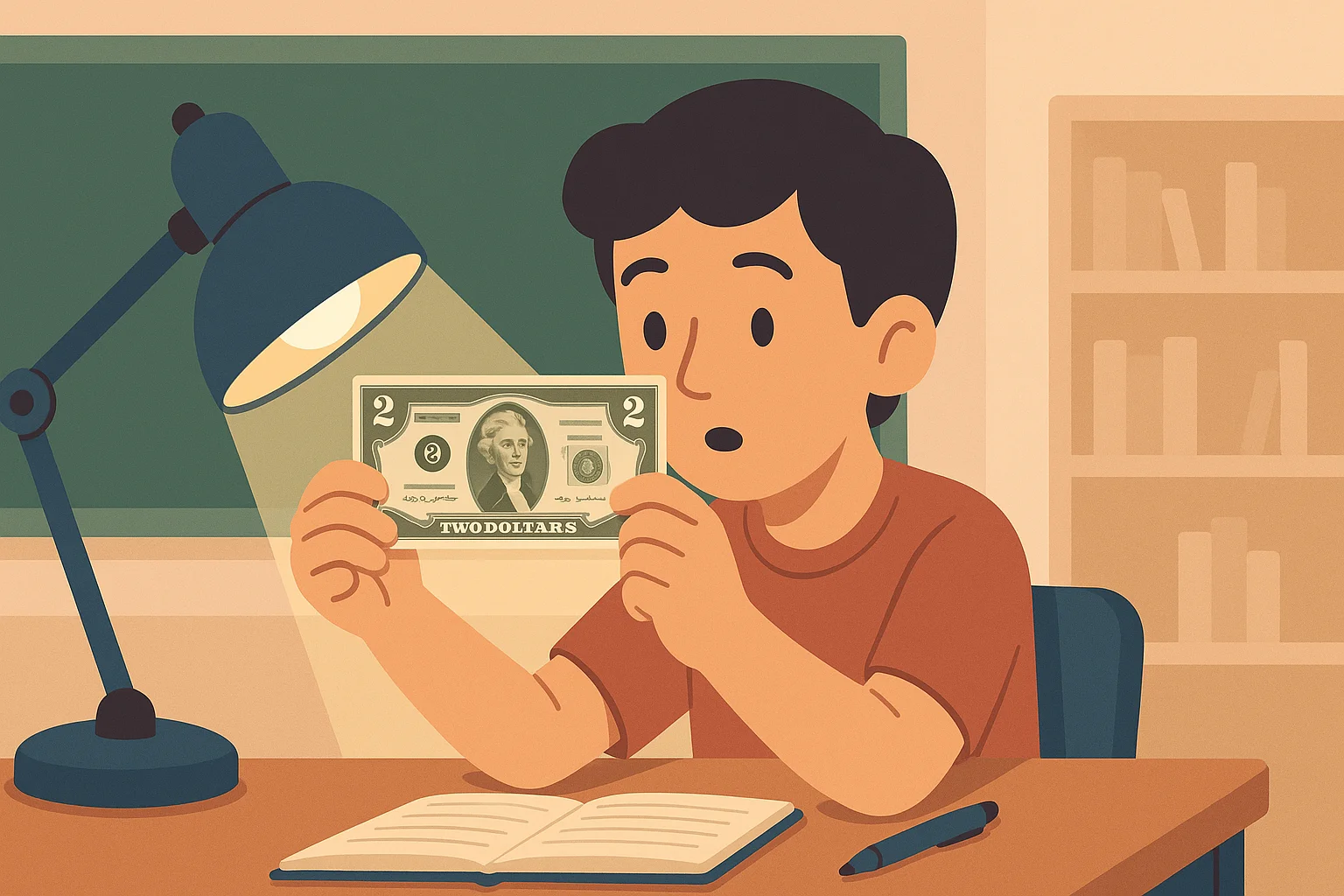 A student observes a $2 bill under a bright lamp.