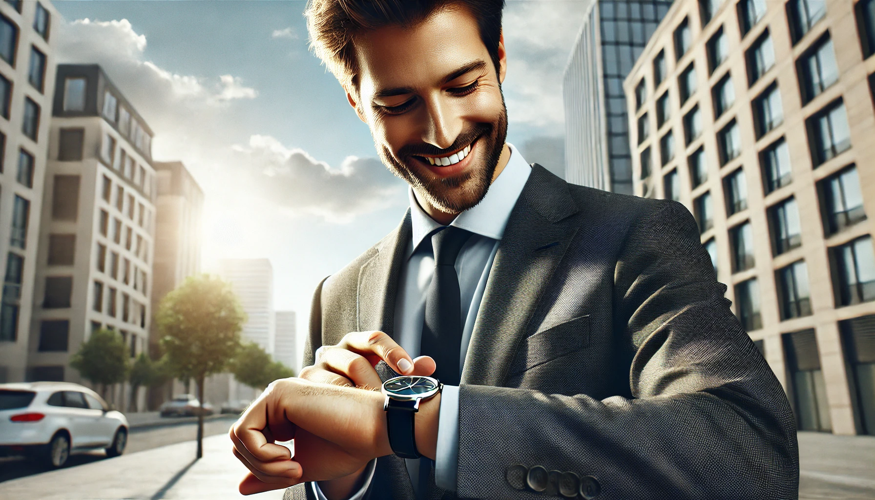 a smiling man in a suit looking at a watch on his arm. He is standing in an urban environment, with buildings and a bright sky in the background.